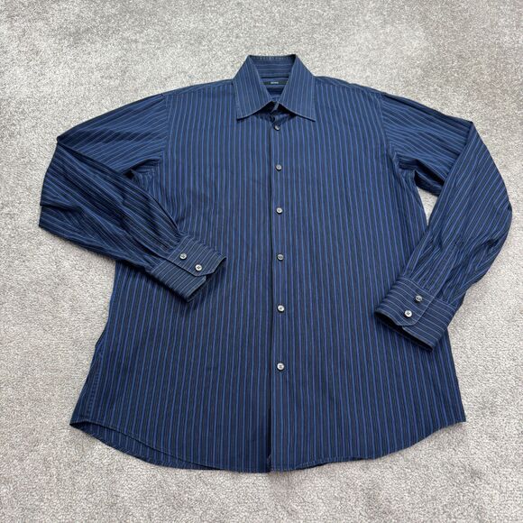 Hugo Boss Dress Shirt Mens 15.5 32/33 Navy Blue Striped 100% Cotton Workwear - Picture 1 of 16